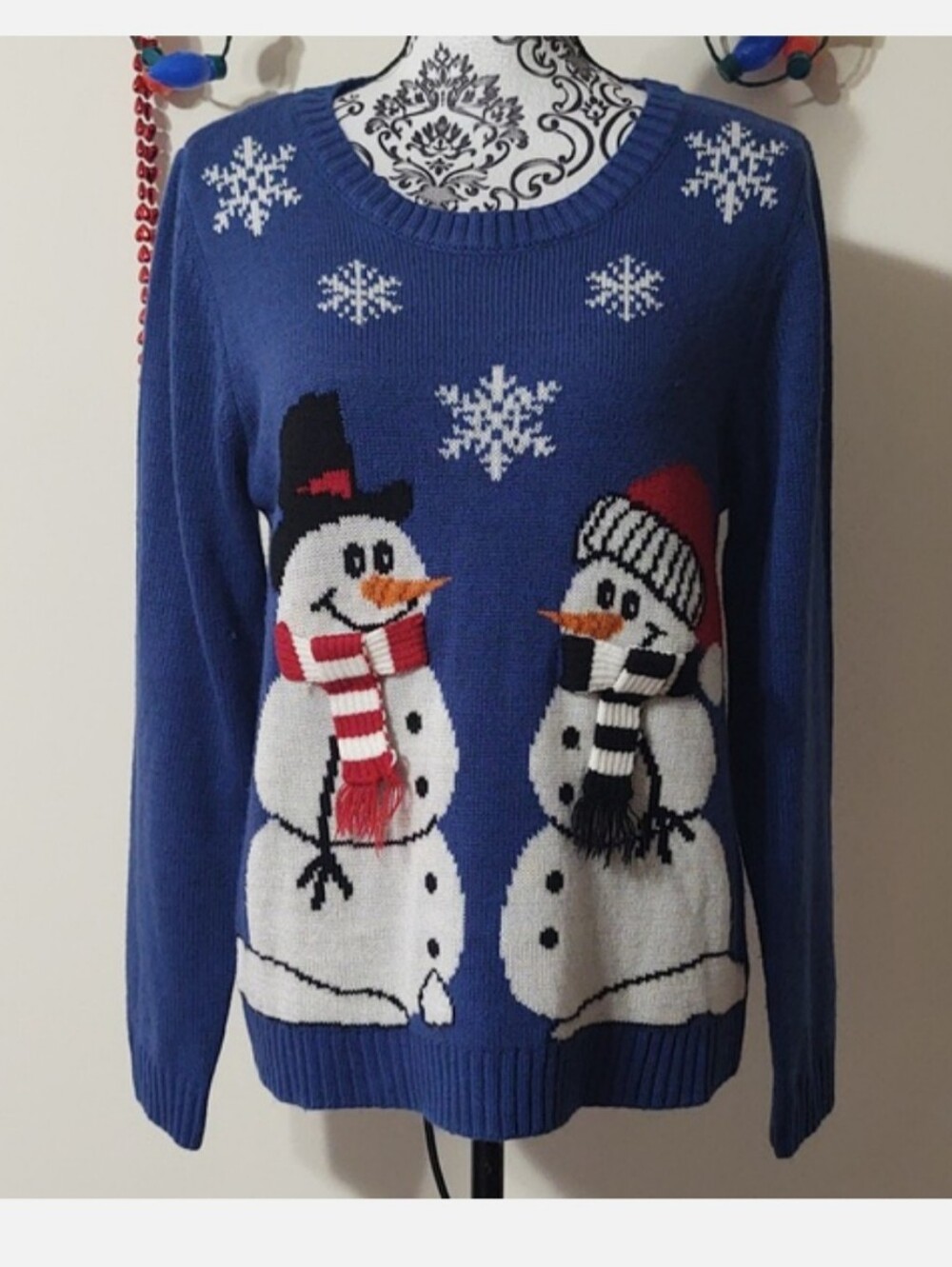 Snowmen in Scarves Sweater by Carolyn Taylor Blue XL